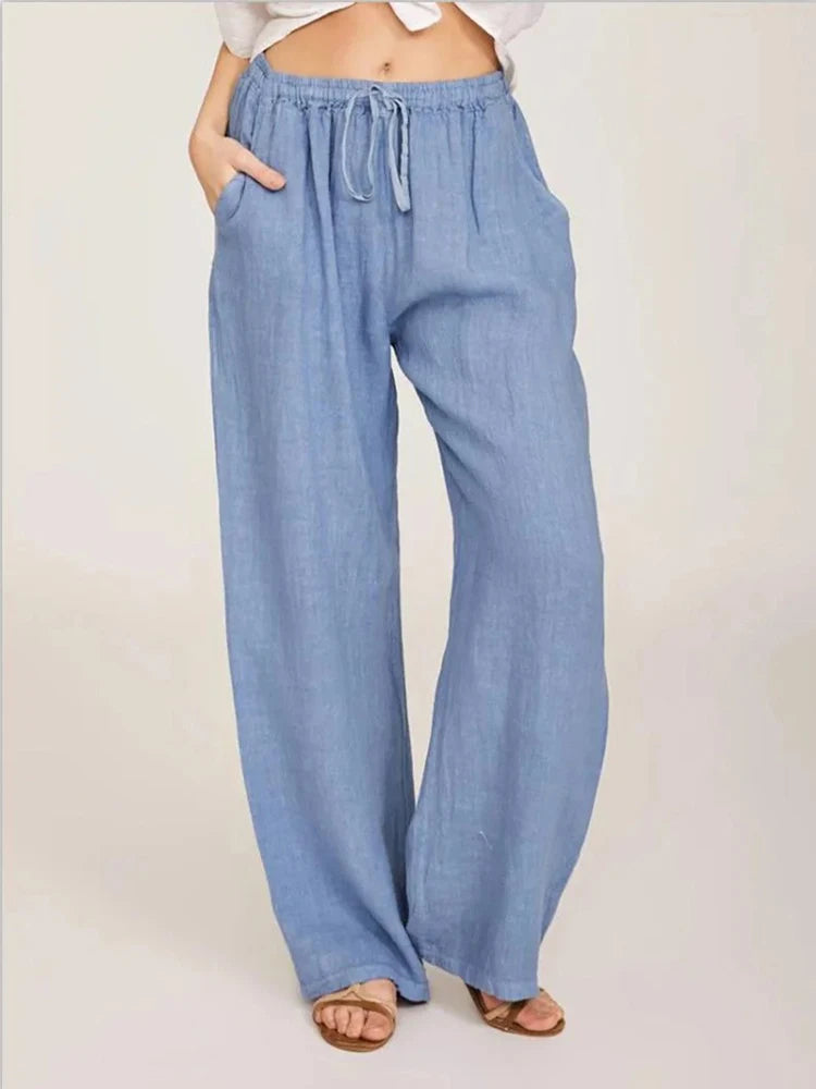 Women's wide-leg drawstring trousers in light blue