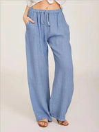 Women's wide-leg drawstring trousers in light blue