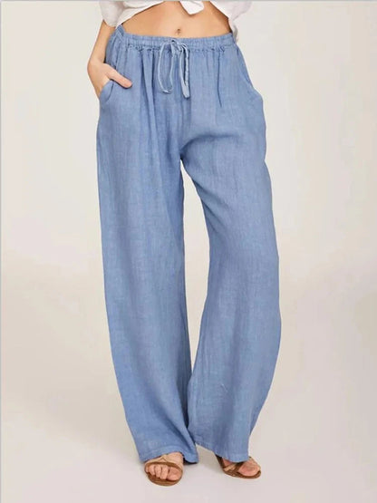 Women's wide-leg drawstring trousers in light blue