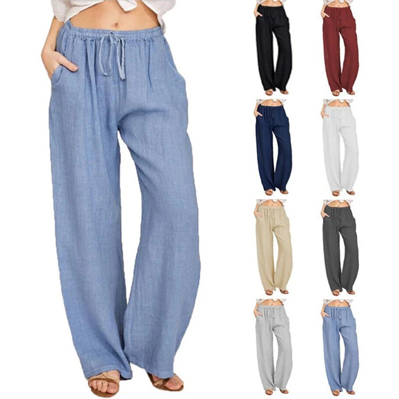 Women's wide-leg drawstring trousers in light blue