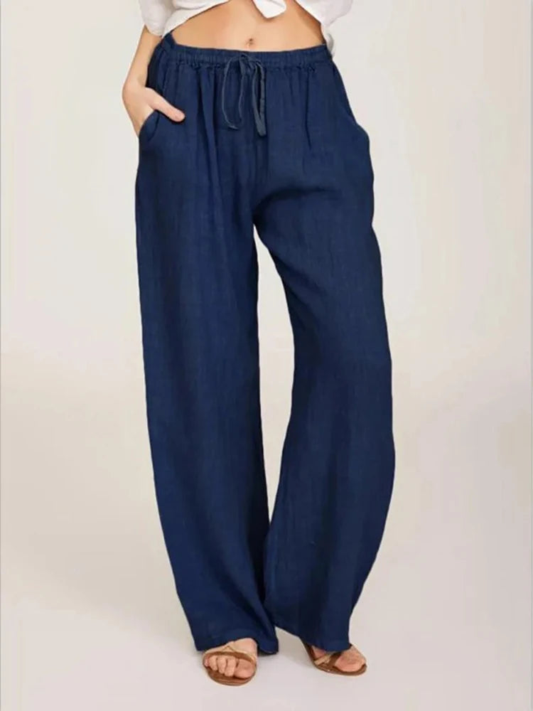 Women's wide-leg drawstring trousers in light blue