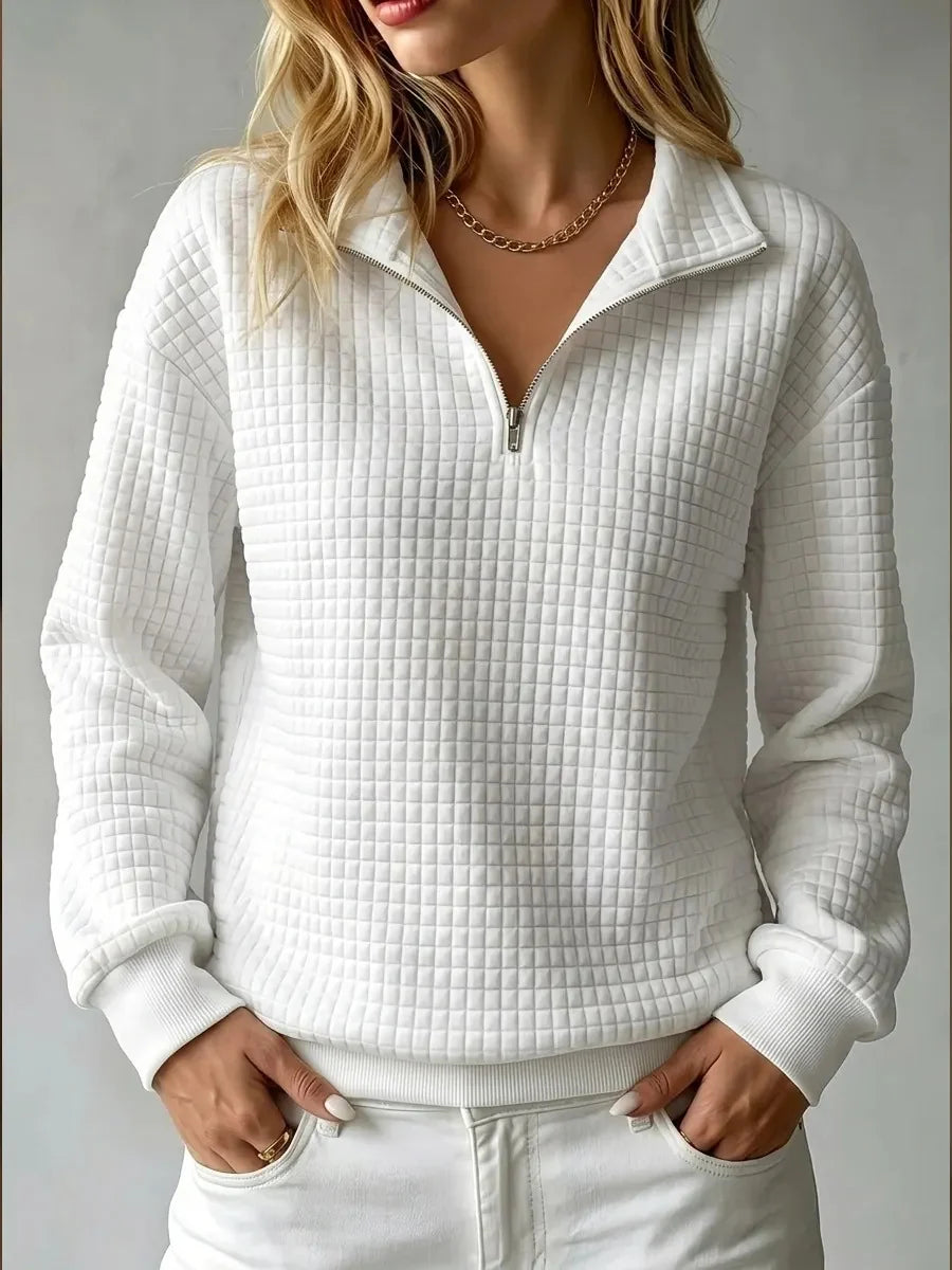 Women's white half zip quilted sweatshirt with fold-over collar