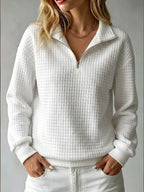 Women's white half zip quilted sweatshirt with fold-over collar