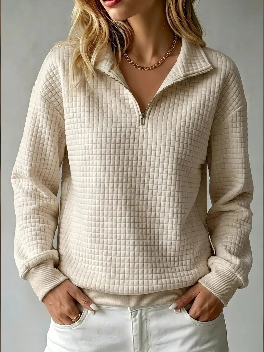 Women's beige half zip quilted sweatshirt with fold-over collar