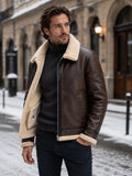 Men's brown leather-look aviator jacket with faux shearling lining
