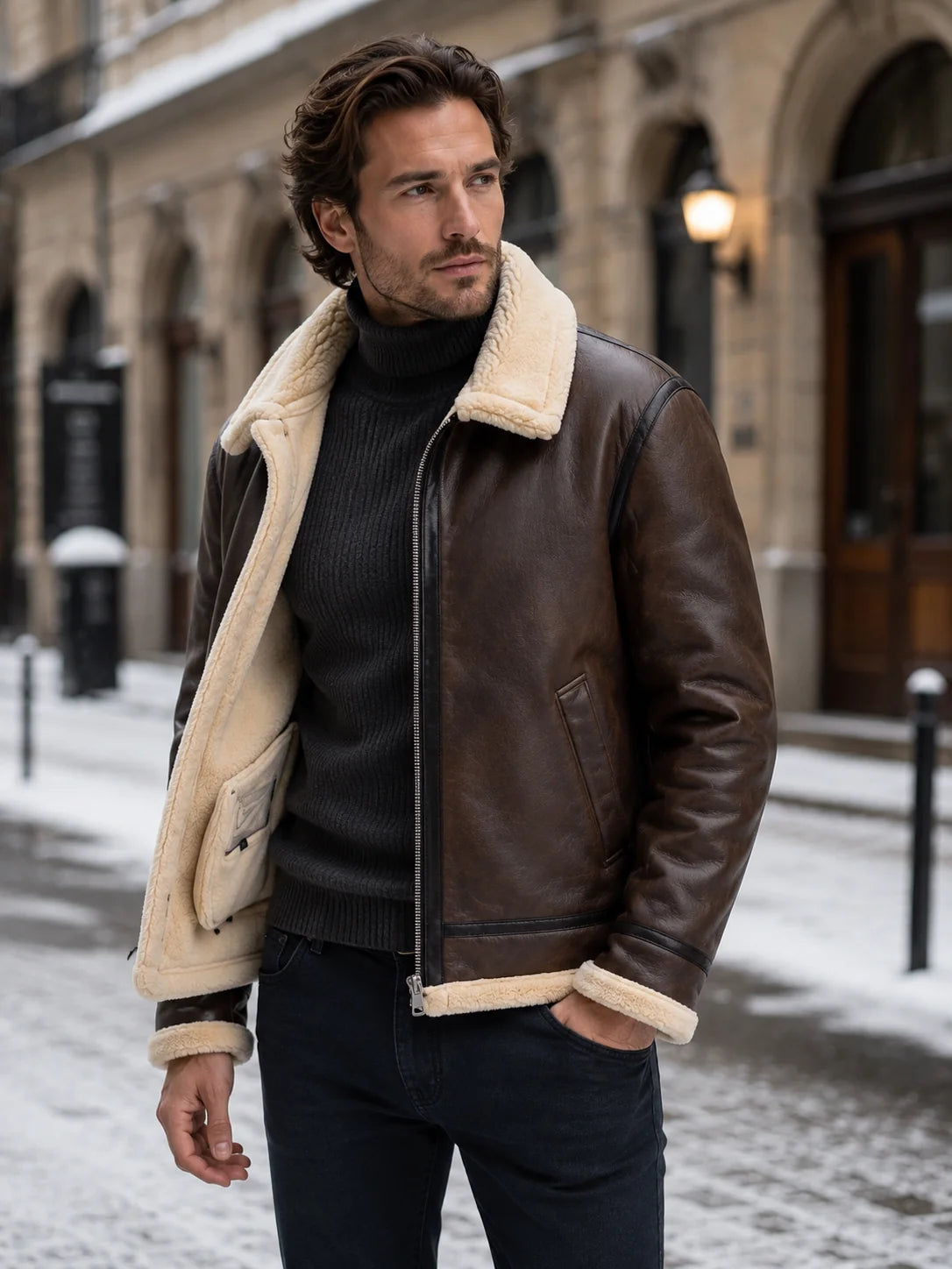 Men's brown leather-look aviator jacket with faux shearling lining