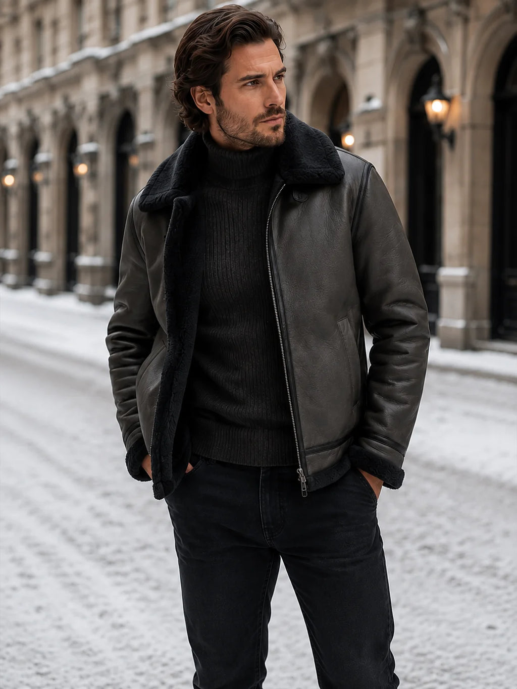 Men's black leather-look aviator jacket with faux shearling lining