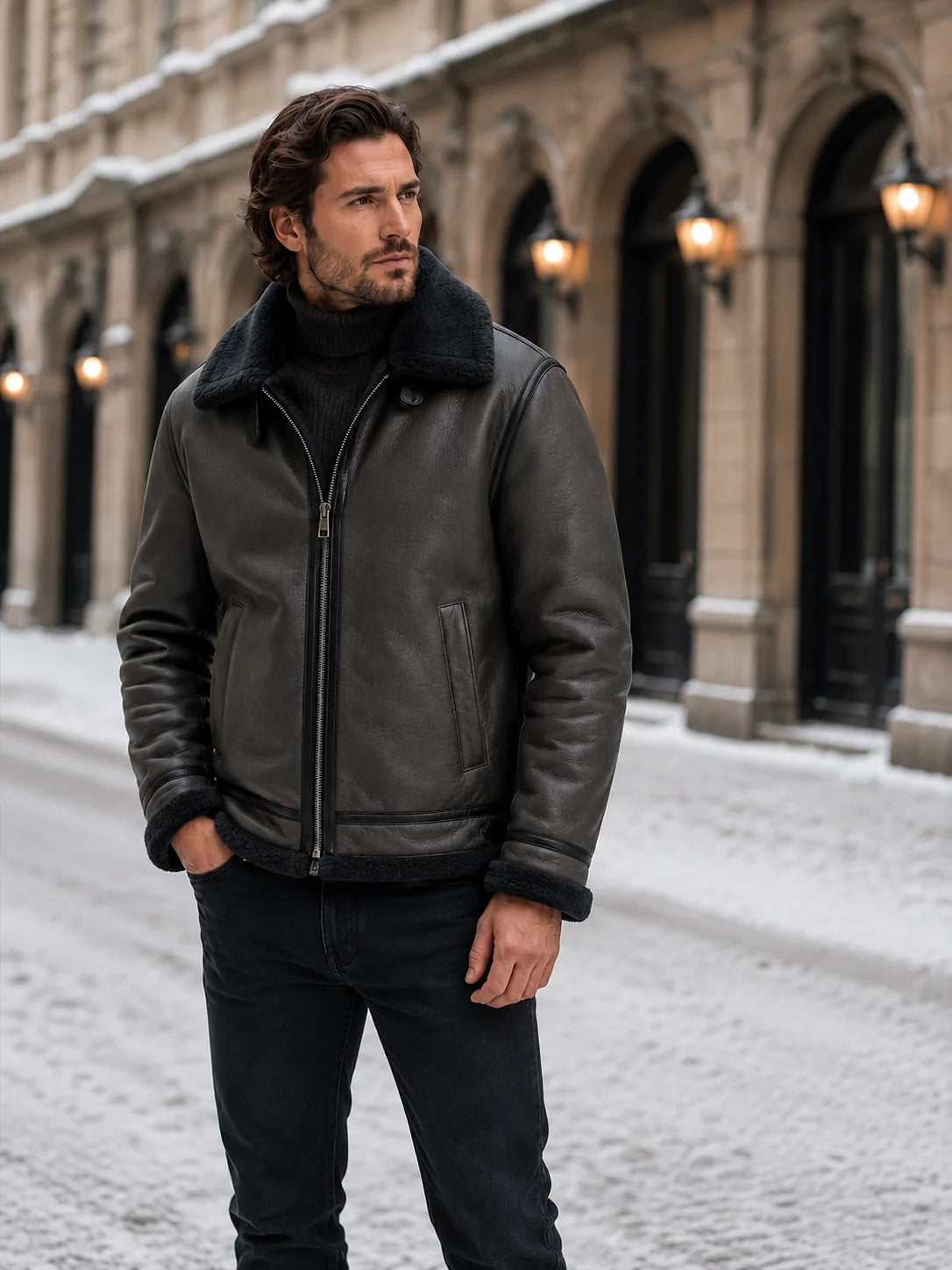 Men's leather-look aviator jacket with faux shearling lining