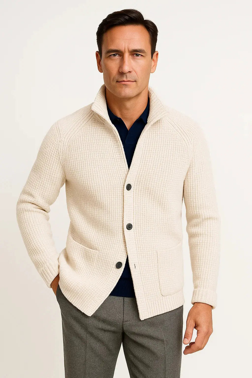 Men's cream wool button front cardigan