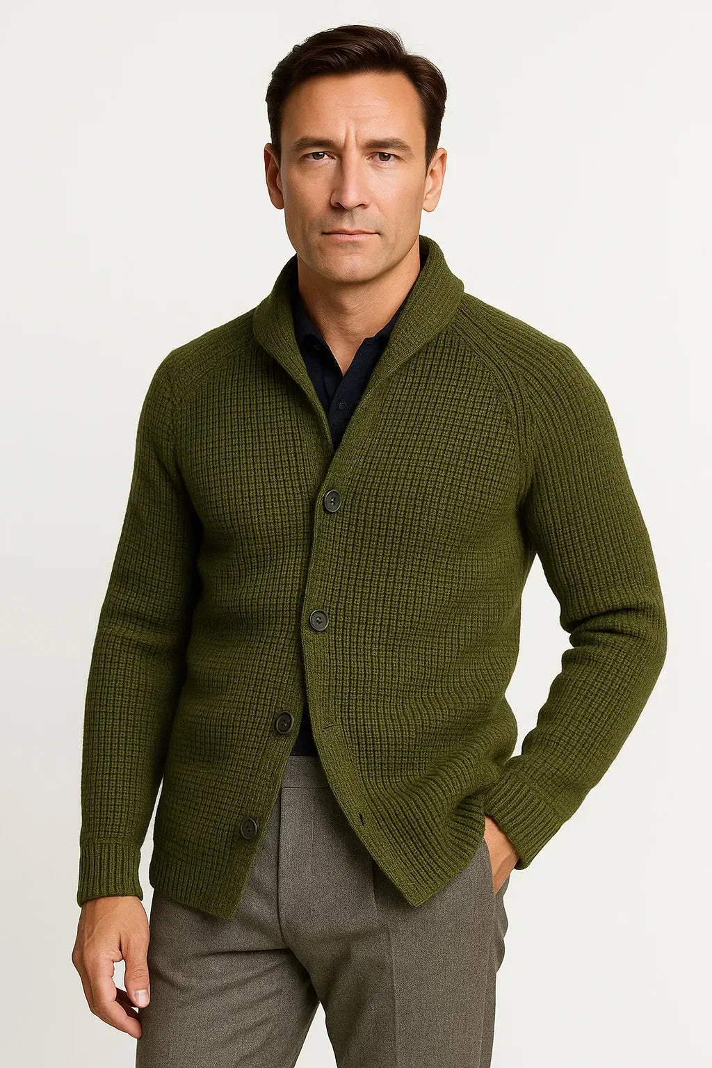Men's olive green wool button front cardigan