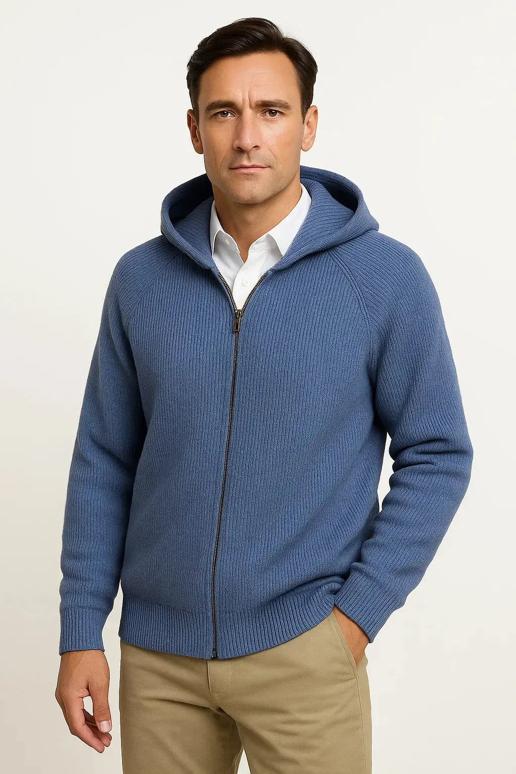 Men's blue merino wool hooded zip-up cardigan