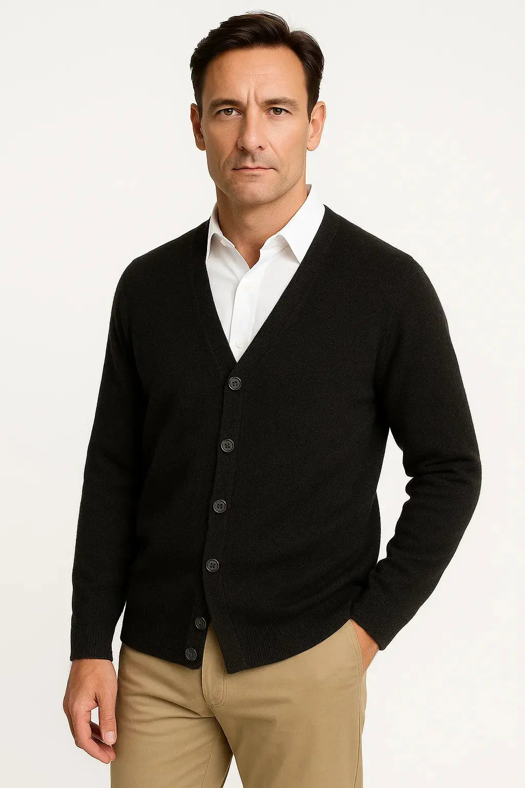 Men's black merino wool v-neck button-up cardigan