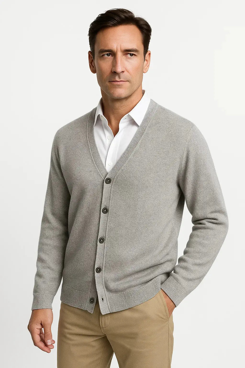 Men's light grey merino wool v-neck button-up cardigan