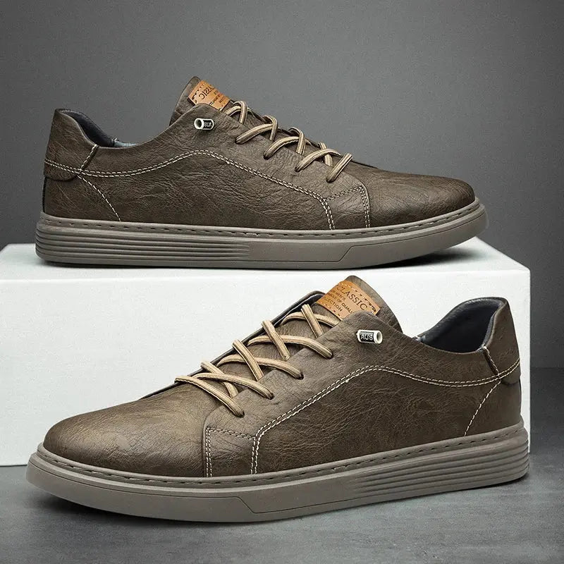 Men's brown faux leather lace-up trainers