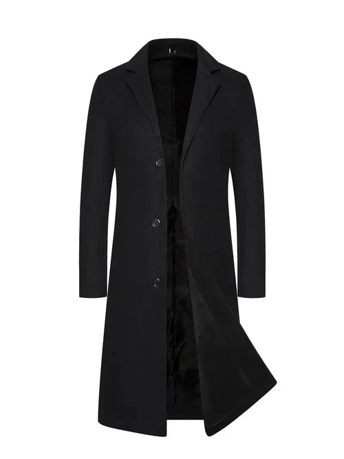 Men's black long-line overcoat with lapel collar