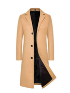 Men's camel long-line overcoat with lapel collar