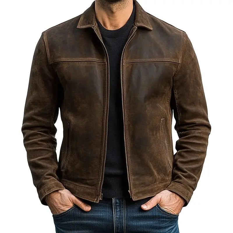 Men's brown fitted leather jacket with zip front