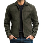 Men's army green fitted leather jacket with zip front