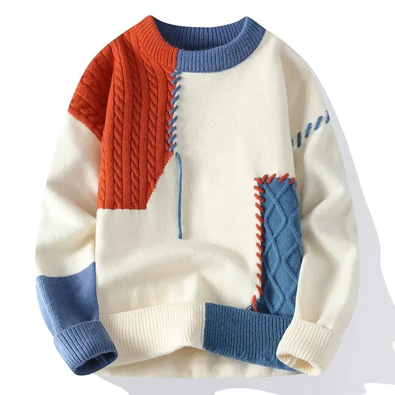 Men's cream/orange colour block crew neck knitted jumper