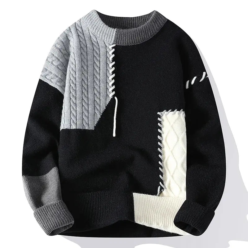 Men's black colour block crew neck knitted jumper