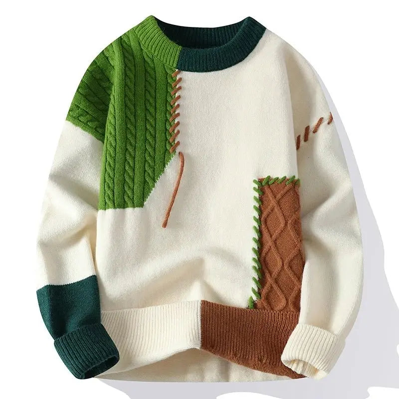 Men's cream/green colour block crew neck knitted jumper