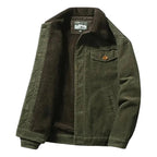 Men's army green sherpa lined cord trucker jacket