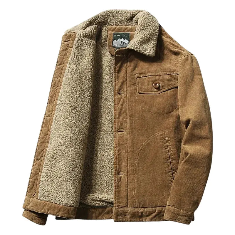 Men's tan sherpa lined cord trucker jacket