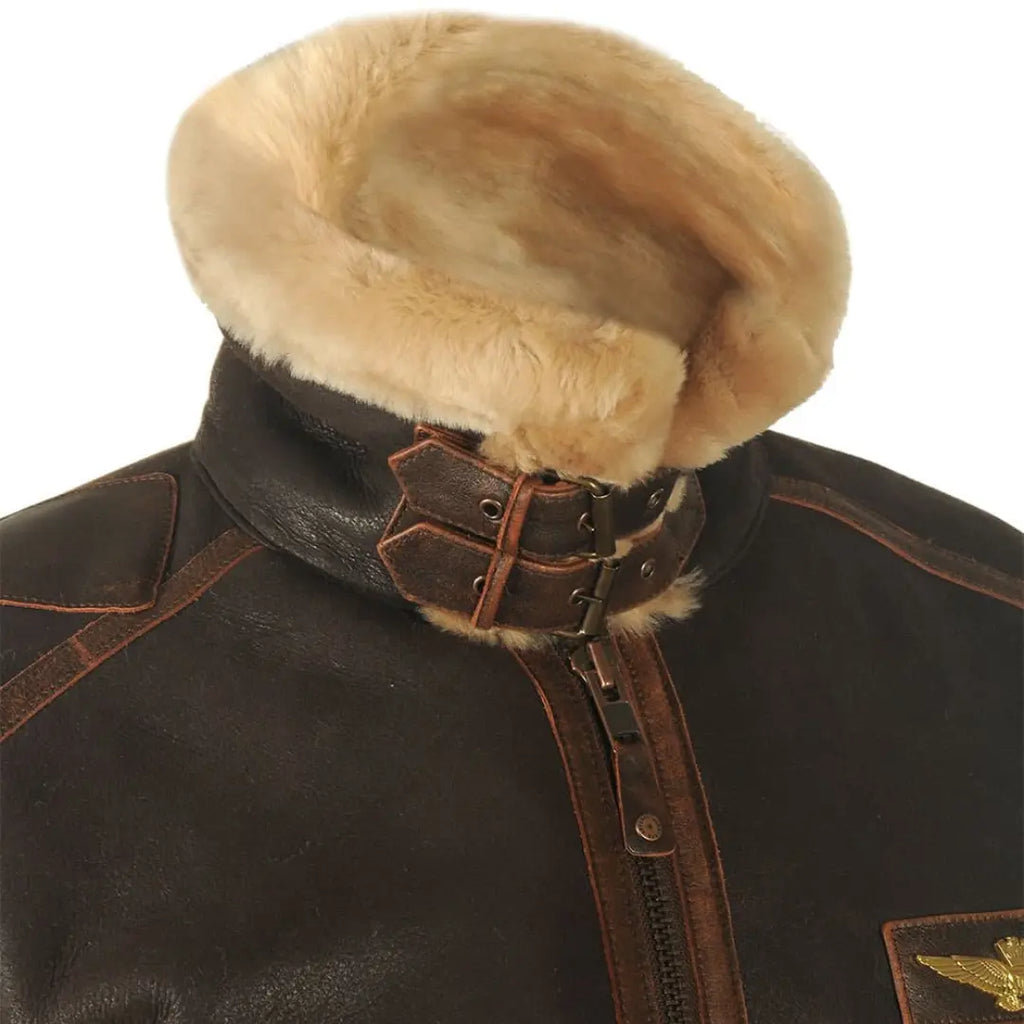 Men's dark brown aviator jacket with shearling collar