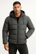 Men's dark grey insulated puffer jacket with hood