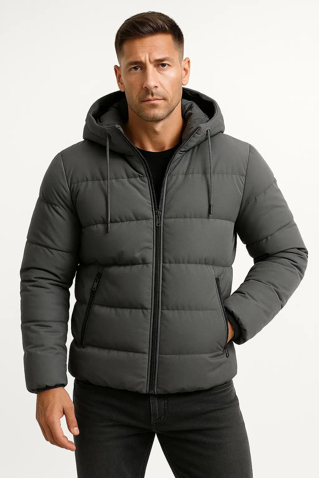 Men's dark grey insulated puffer jacket with hood