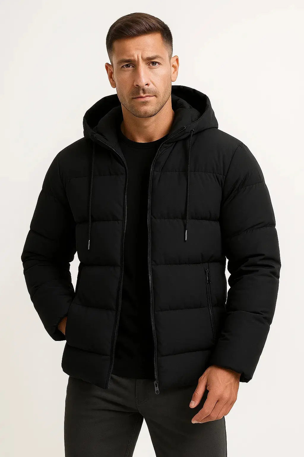 Men's black insulated puffer jacket with hood