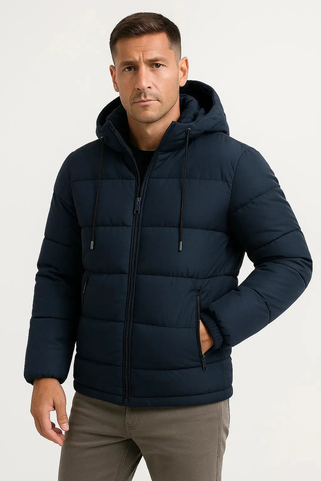 Men's navy insulated puffer jacket with hood