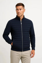 Men's navy quilted hybrid jacket with knitted sleeves