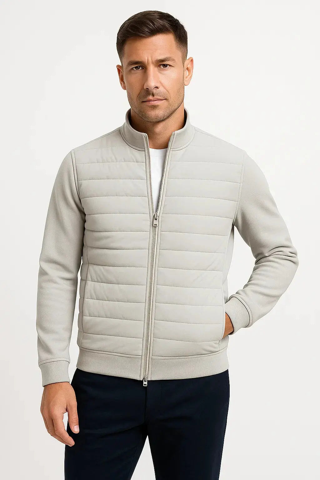 Men's stone quilted hybrid jacket with knitted sleeves