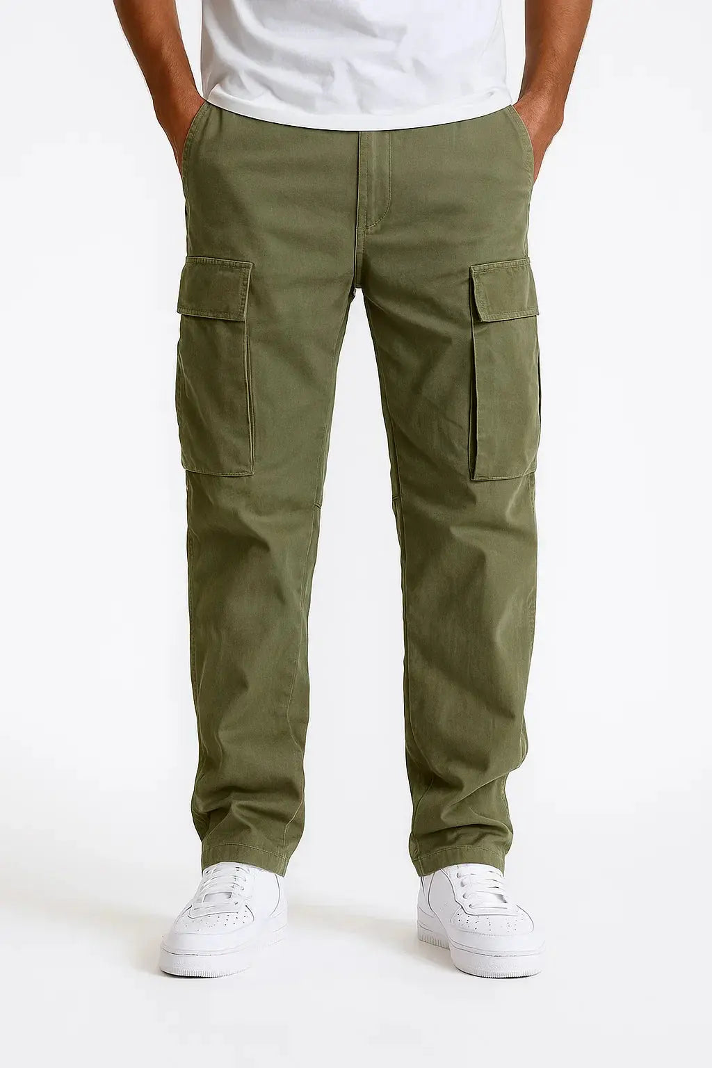 Men's army green loose fit cotton cargo trousers