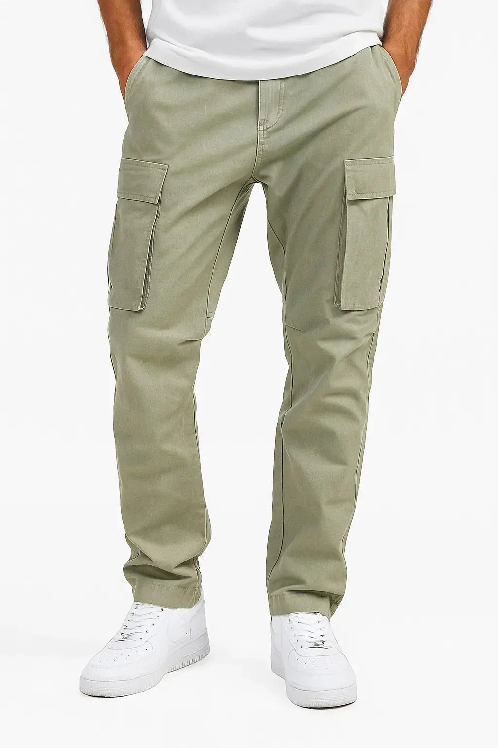 Men's sage green loose fit cotton cargo trousers