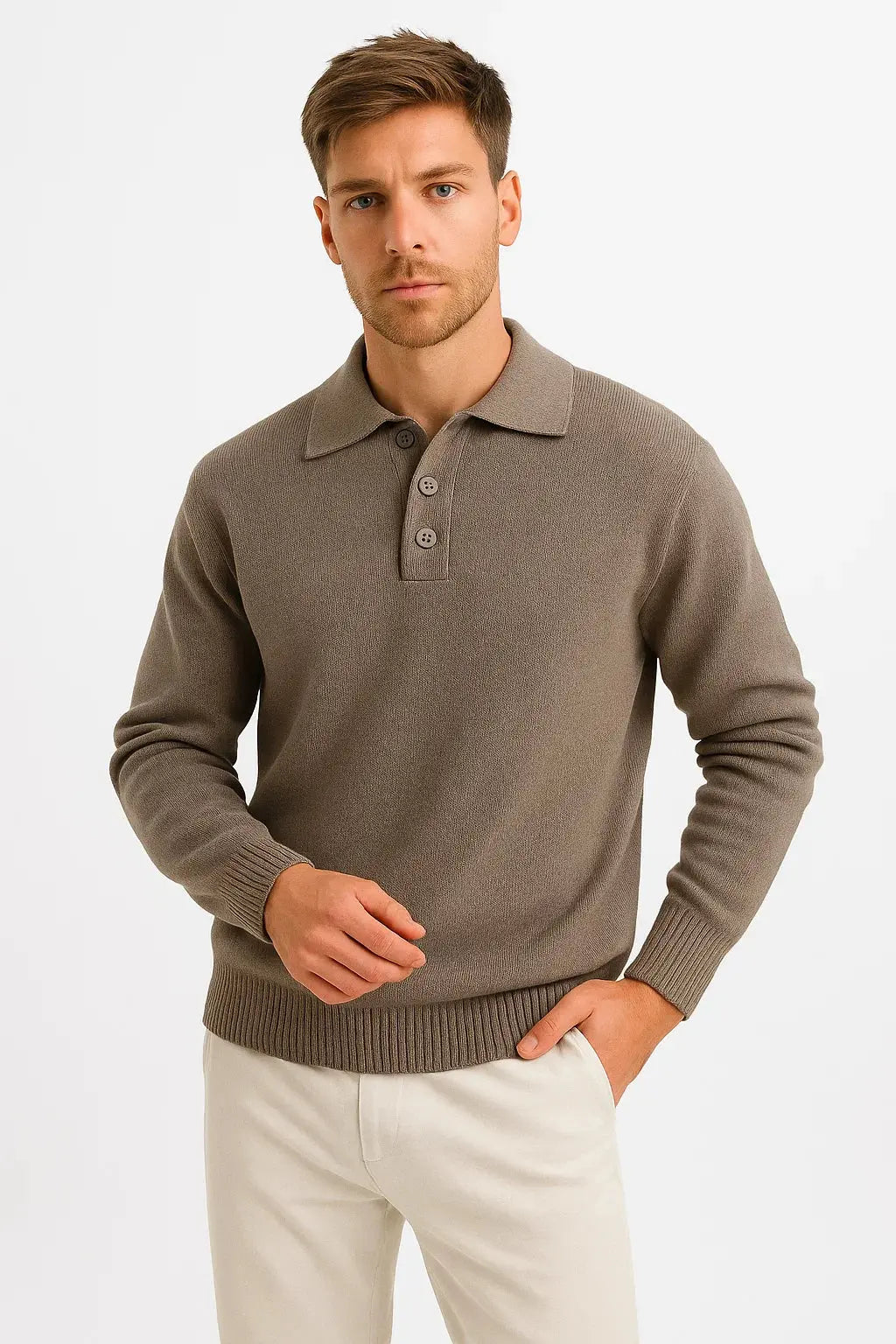 Men's taupe classic knitted polo shirt