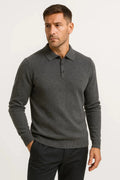 Men's dark grey merino wool knitted polo shirt