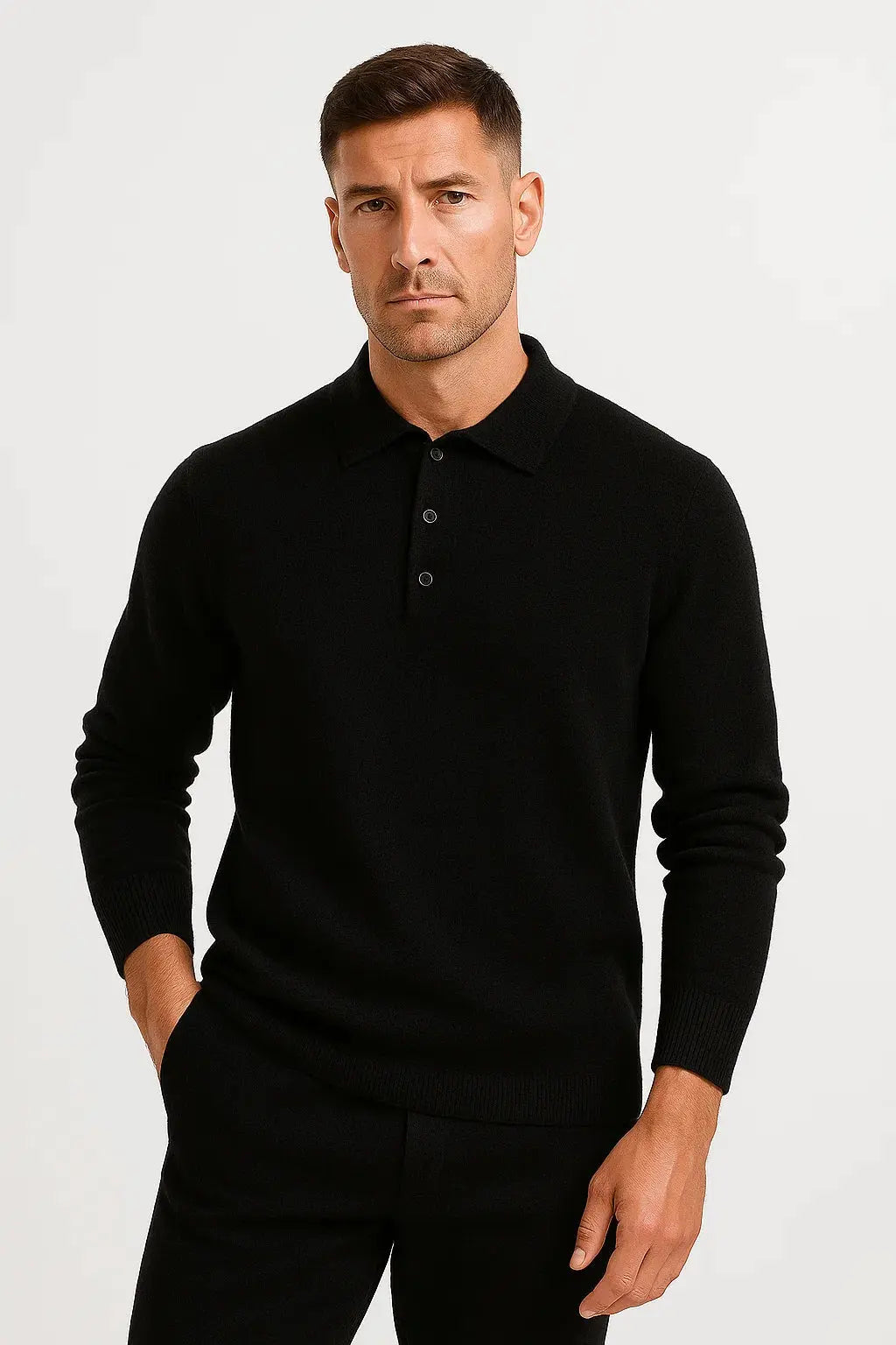 Men's black merino wool knitted polo shirt