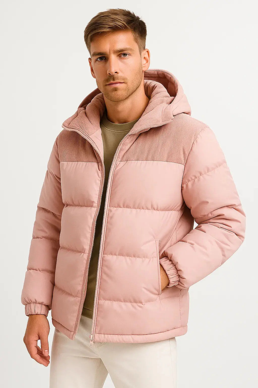 Men's pale pink lightweight hooded puffer jacket