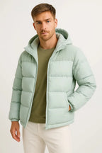 Men's mint green lightweight hooded puffer jacket