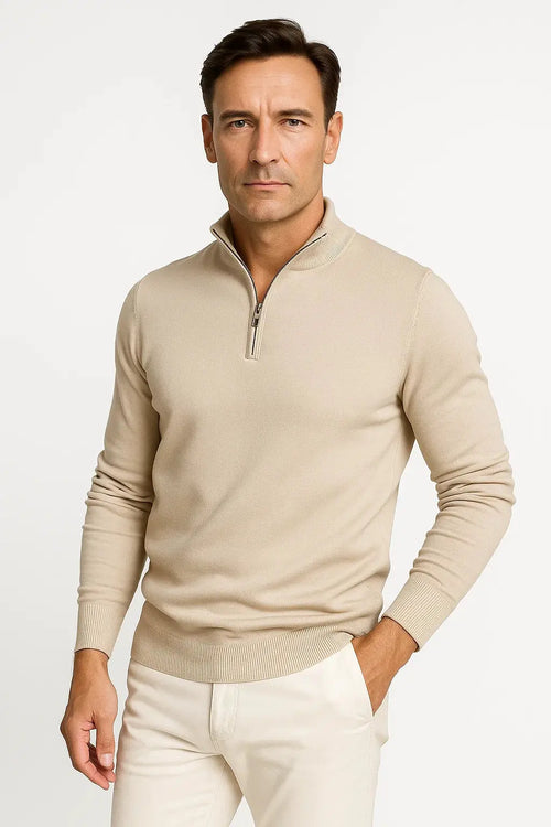 Men's beige cotton blend quarter zip jumper