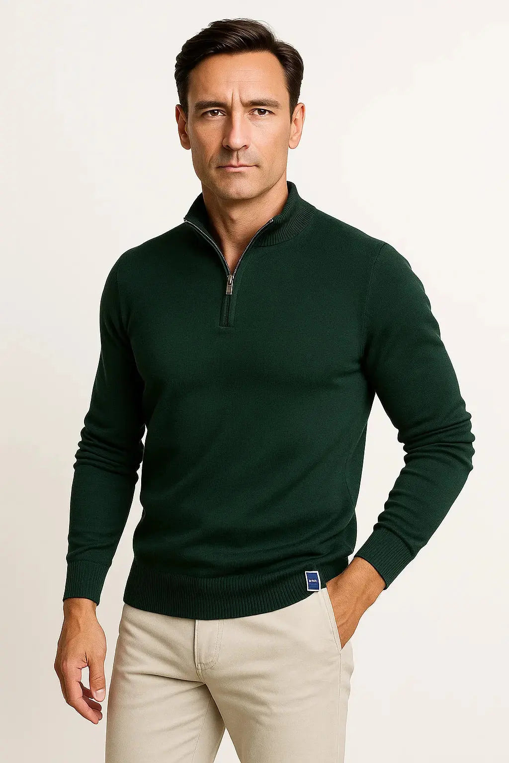 Men's forest green cotton blend quarter zip jumper