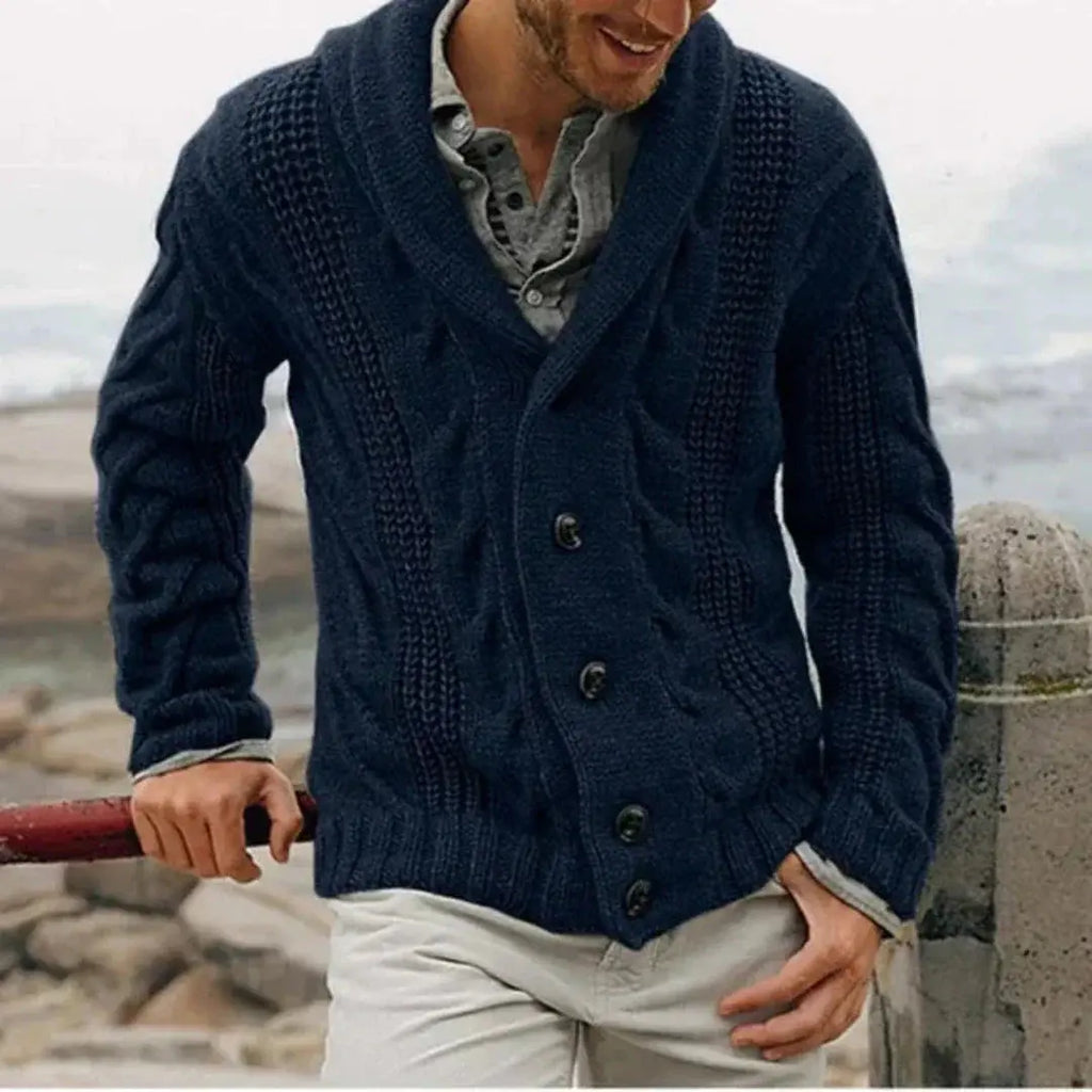 Men's navy cable knit shawl collar cardigan