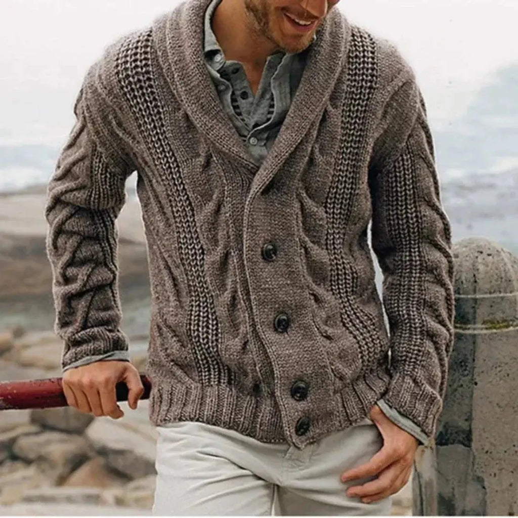 Men's taupe cable knit shawl collar cardigan