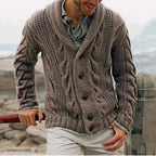 Men's taupe cable knit shawl collar cardigan