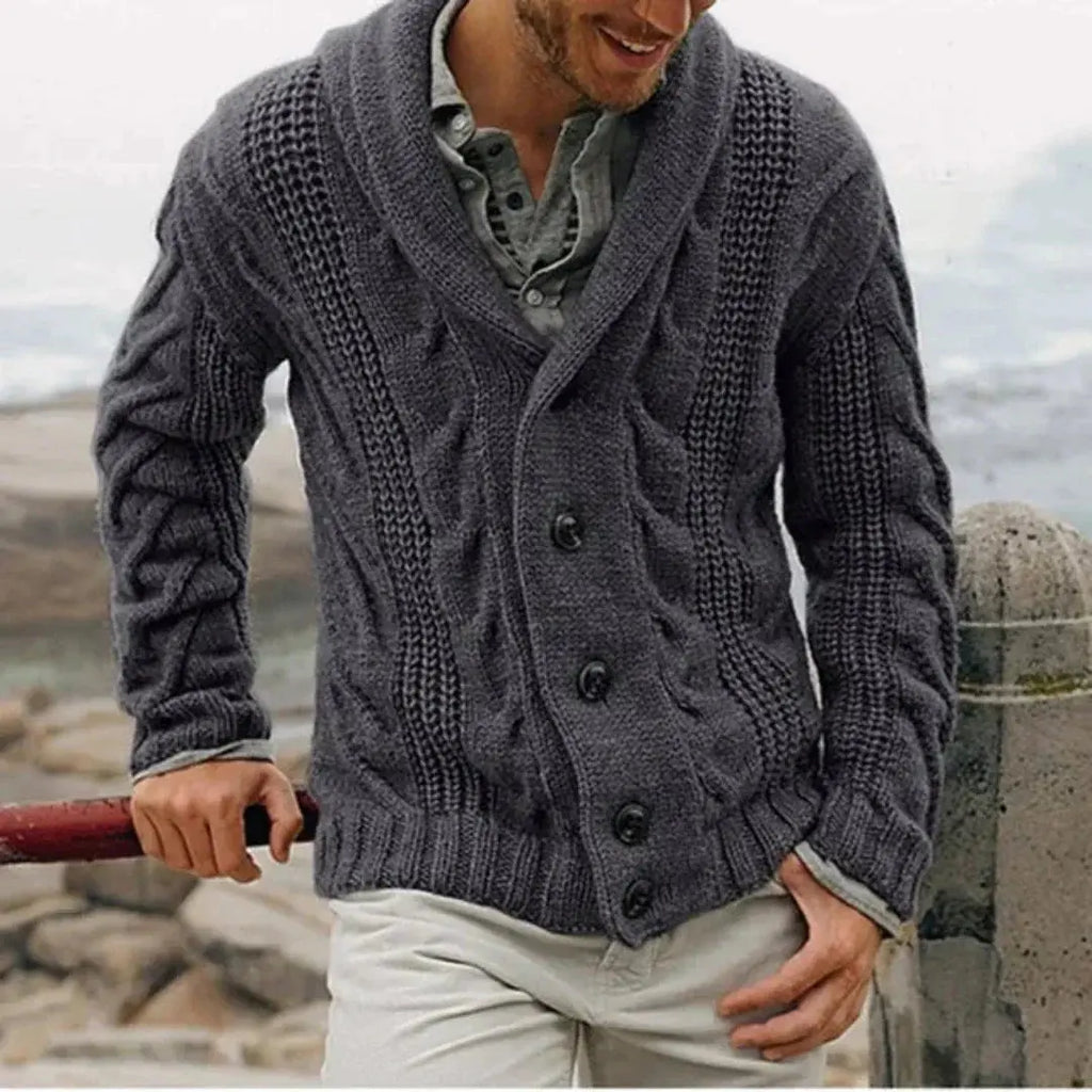 Men's dark grey cable knit shawl collar cardigan