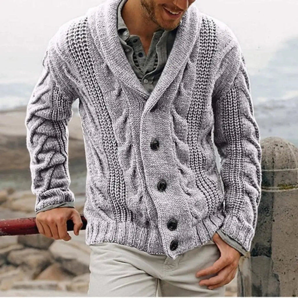 Men's light grey cable knit shawl collar cardigan