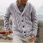 Men's light grey cable knit shawl collar cardigan