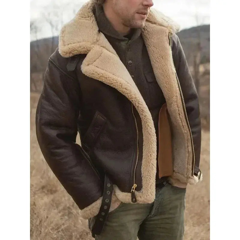 Men's brown PU leather aviator jacket with sherpa lining